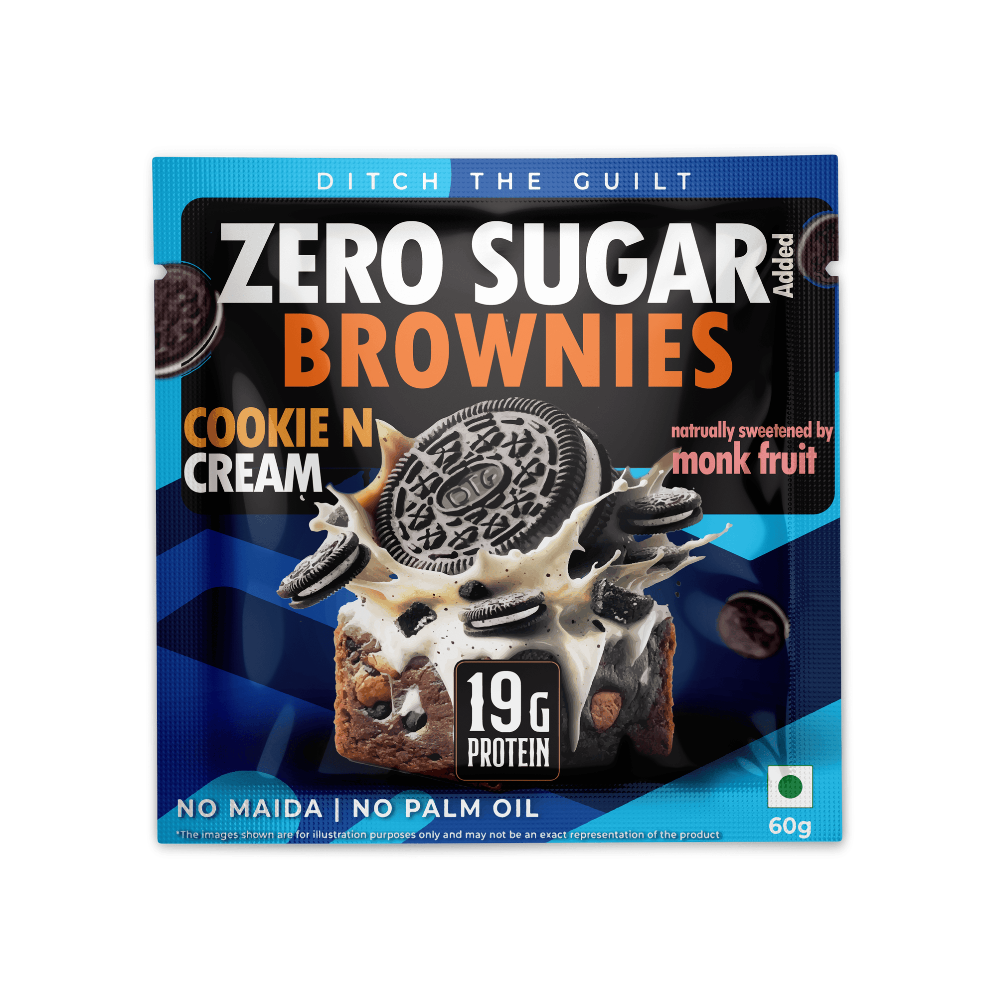 Cookie & Cream - Protein Brownies - Sugar Free - High Protein & Low Net Carbs - No Oil - No Palm Oil - No Maida. 60g