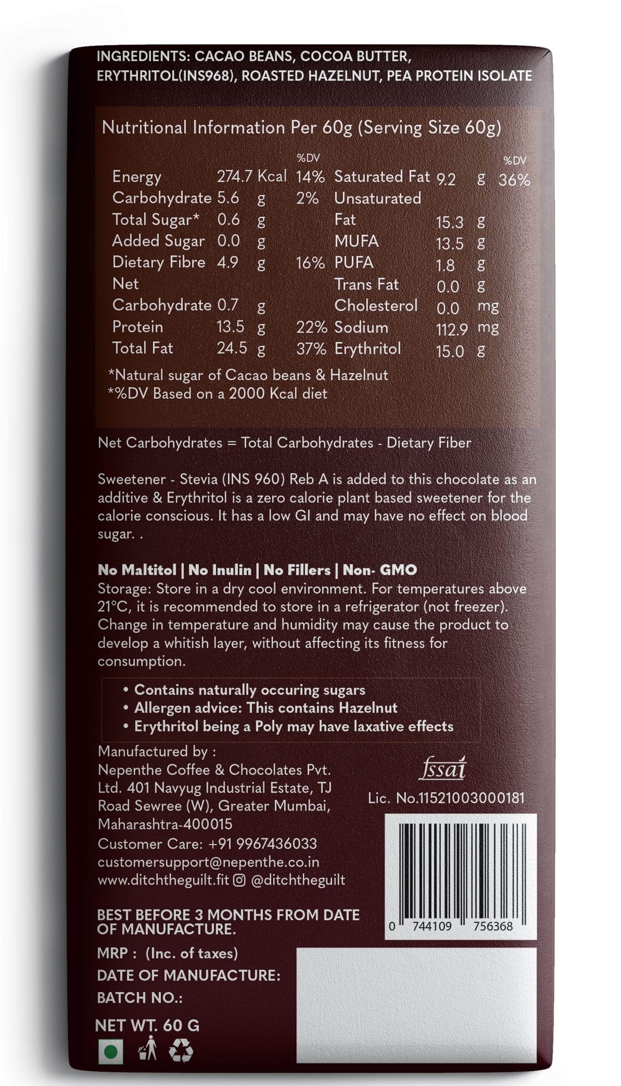 Vegan Protein Chocolate - Roasted Hazelnut - Sugar Free - 13.5g Protein - 274 Calories Per Bar - 0.7g Net Carbs - 60g - ditchtheguilt.fit